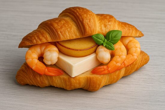 Kruasāns ar brie sieru, tīģergarnelēm un karamelizētiem bumbieriem
