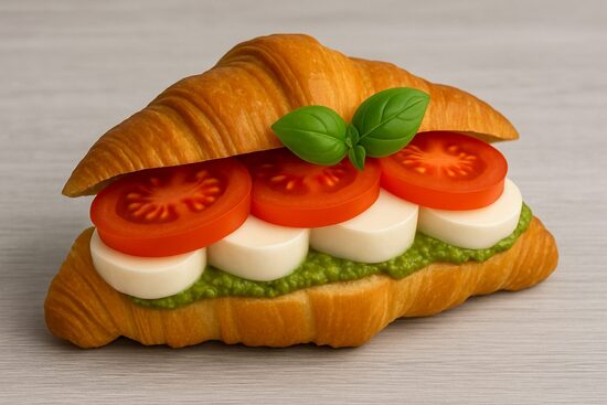Kruasāns ar mozzarella sieru, tomātiem un pesto mērci
